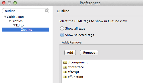 ColdFusion Builder Outline View preferences